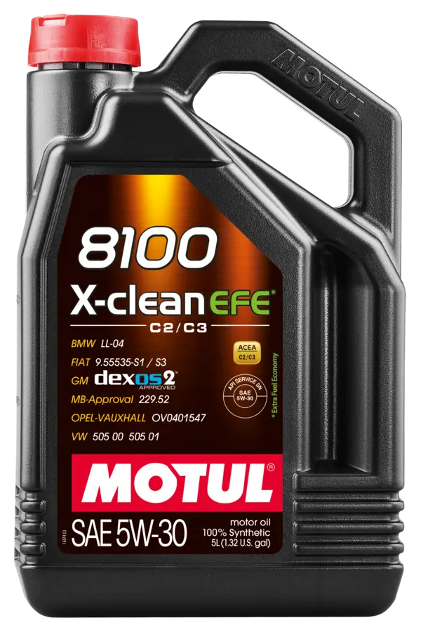 Motul 8100 X Clean Efe 5W30 5L Engine 109471 oil bottle, high-performance synthetic motor oil designed for fuel efficiency and engine protection.