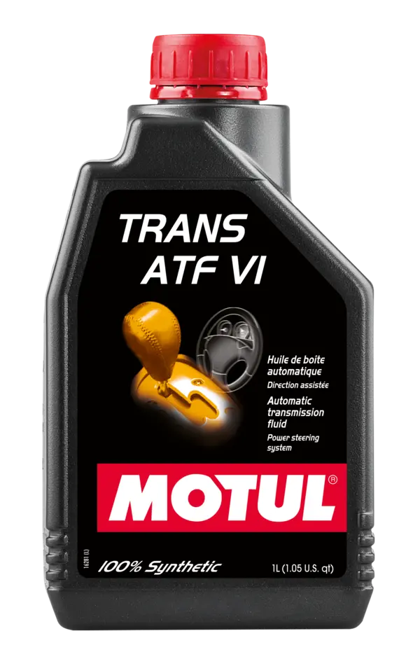 Motul Trans Atf Vi 1L Gear And Transmission 109771 oil bottle, high-performance synthetic motor oil designed for fuel efficiency and engine protection.