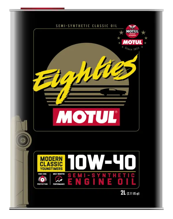 Motul Classic Eighties 10W40 2L (Classic) Engine 110619 oil bottle, high-performance synthetic motor oil designed for fuel efficiency and engine protection.