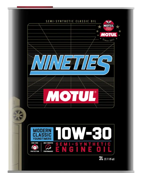 Motul Classic Nineties 10W30 2L (Classic) Engine 110620 oil bottle, high-performance synthetic motor oil designed for fuel efficiency and engine protection.