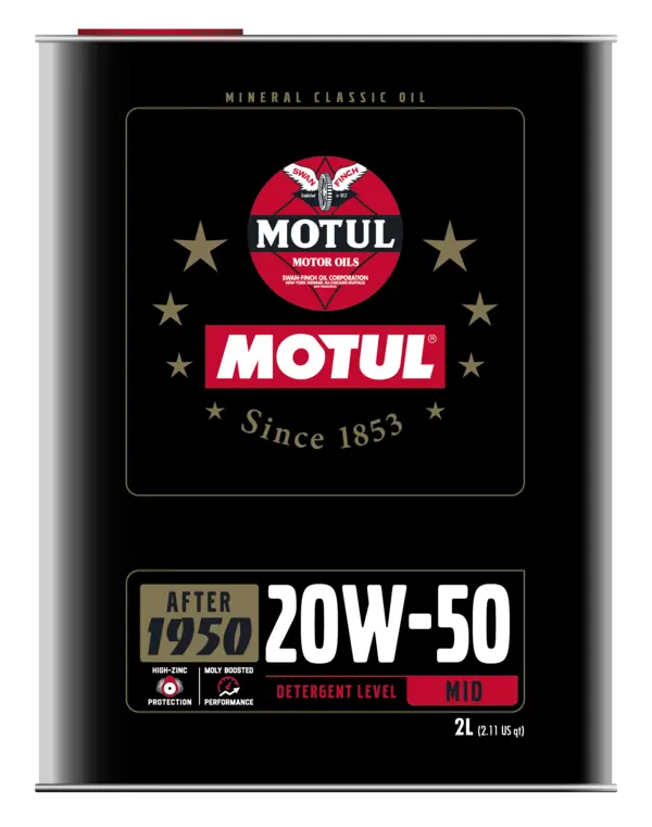 Motul Classic Performance 20W-50 2L Us (Classic) Engine 110621 oil bottle, high-performance synthetic motor oil designed for fuel efficiency and engine protection.