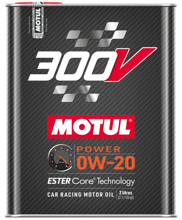 Motul 300V Power 0W-20 2L Engine 110813 oil bottle, high-performance synthetic motor oil designed for fuel efficiency and engine protection.