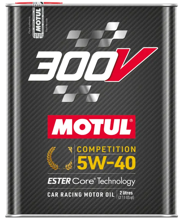 Motul 300V Competition 5W-40 2L Engine 110817 oil bottle, high-performance synthetic motor oil designed for fuel efficiency and engine protection.