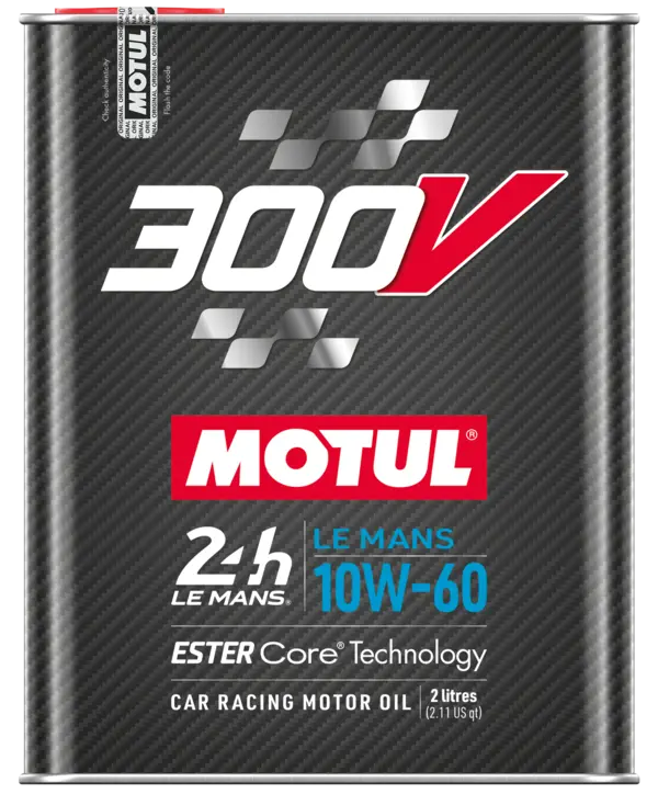 Motul 300V Le Mans 10W-60 2L Engine 110864 oil bottle, high-performance synthetic motor oil designed for fuel efficiency and engine protection.