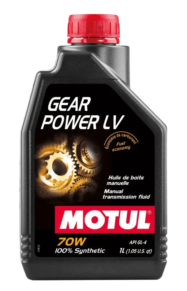 Motul Gear Power Lv 70W 1L Gear And Transmission 111131 oil bottle, high-performance synthetic motor oil designed for fuel efficiency and engine protection.