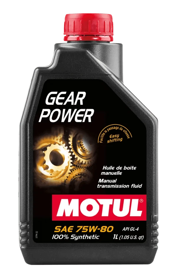 Motul Gear Power 75W80 1L Gear And Transmission 111133 oil bottle, high-performance synthetic motor oil designed for fuel efficiency and engine protection.