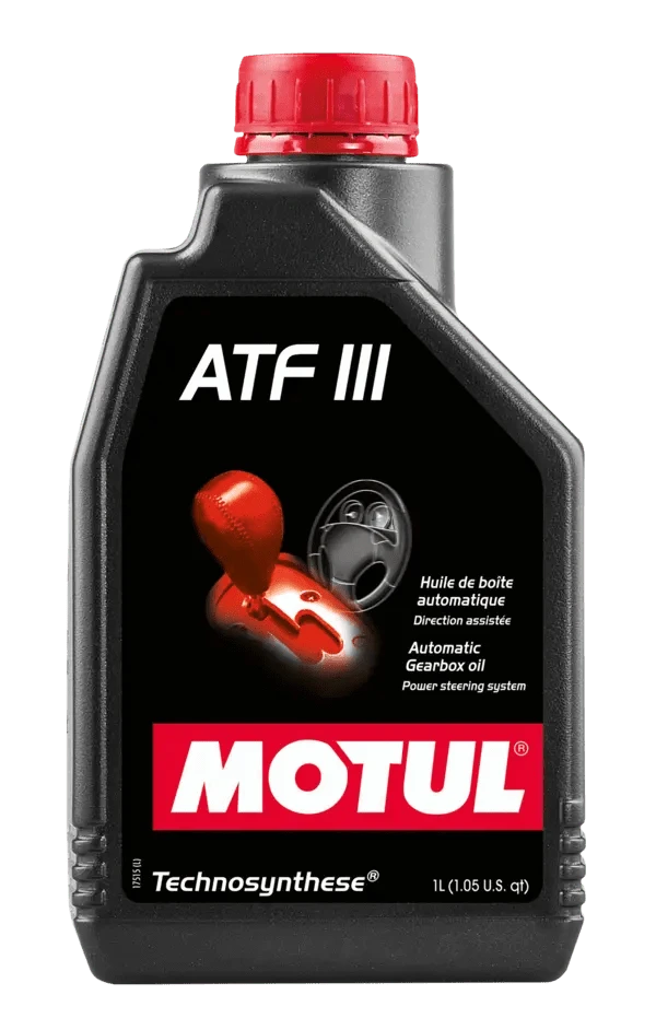 Motul Atf Iii 1L Gear And Transmission 111255 oil bottle, high-performance synthetic motor oil designed for fuel efficiency and engine protection.