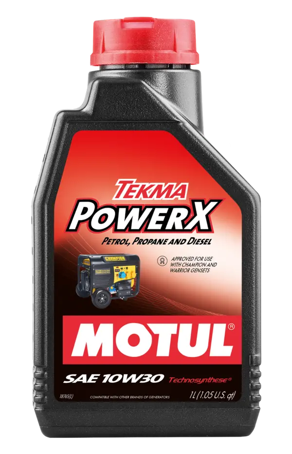 Motul Tekma Power X 10W30 1L Engine- Generator 111573 oil bottle, high-performance synthetic motor oil designed for fuel efficiency and engine protection.