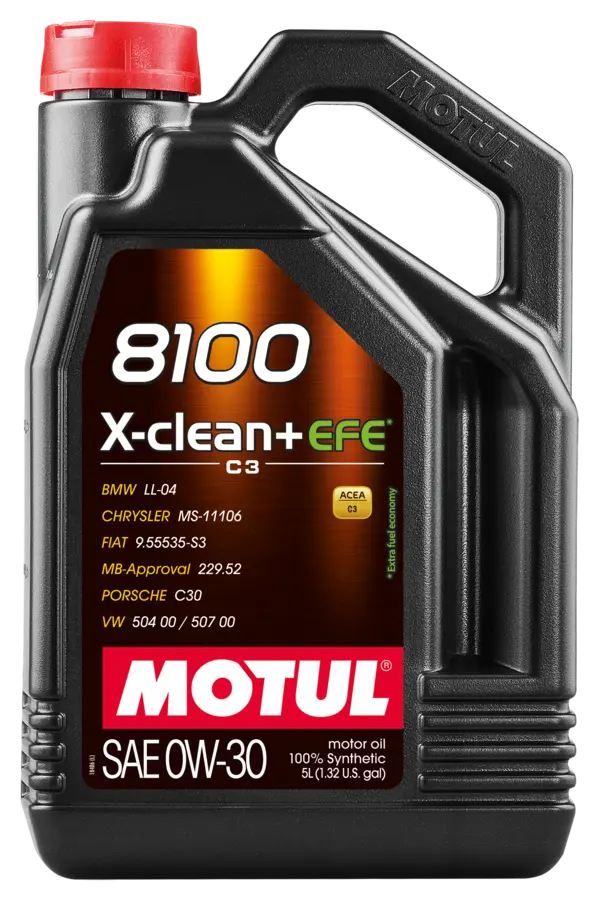 Motul 8100 X Clean + Efe 0W30 5L Engine 111678 oil bottle, high-performance synthetic motor oil designed for fuel efficiency and engine protection.