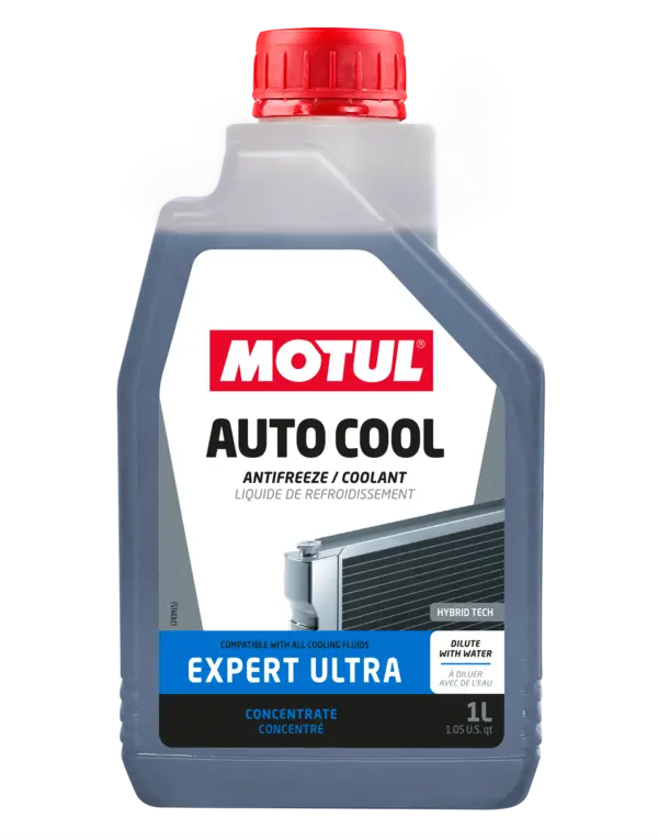 Motul Autocool Expert Ultra 1L Coolant* 111759 oil bottle, high-performance synthetic motor oil designed for fuel efficiency and engine protection.