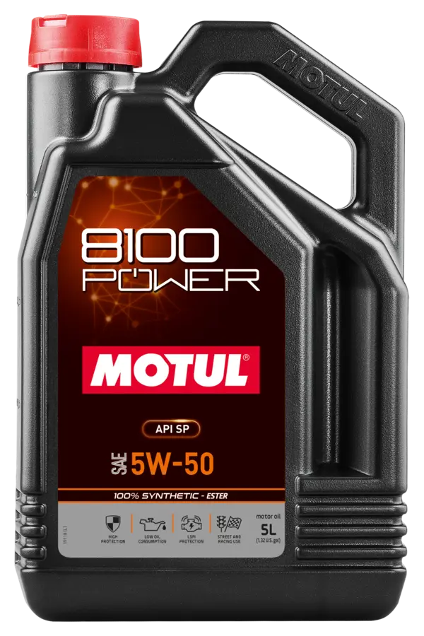 Motul 8100 Power 5W-50 5L Engine 111812 oil bottle, high-performance synthetic motor oil designed for fuel efficiency and engine protection.