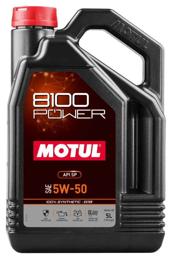 Motul 8100 Power 5W-50 5L Engine 111812 oil bottle, high-performance synthetic motor oil designed for fuel efficiency and engine protection.