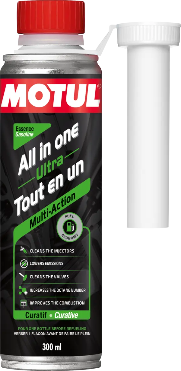 Motul All In One Ultra Gasoline 300ml Efs Additive 112131 oil bottle, high-performance synthetic motor oil designed for fuel efficiency and engine protection.