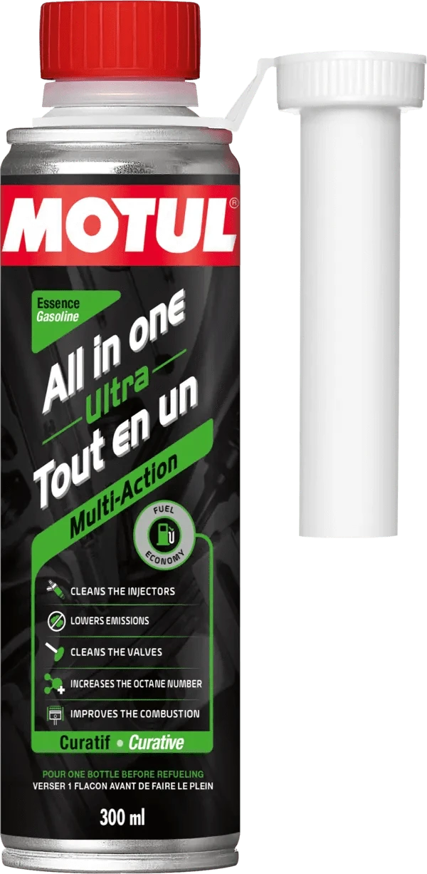 Motul All In One Ultra Gasoline 300ml Efs Additive 112131 oil bottle, high-performance synthetic motor oil designed for fuel efficiency and engine protection.