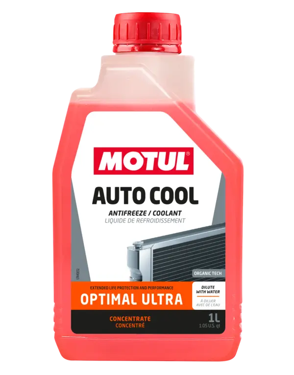 Motul Autocool Optimal Ultra 1L Coolant* 112629 oil bottle, high-performance synthetic motor oil designed for fuel efficiency and engine protection.