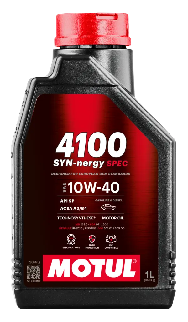 Motul 4100 Syn-Nergy Spec 10W-40 1L Engine 112890 oil bottle, high-performance synthetic motor oil designed for fuel efficiency and engine protection.