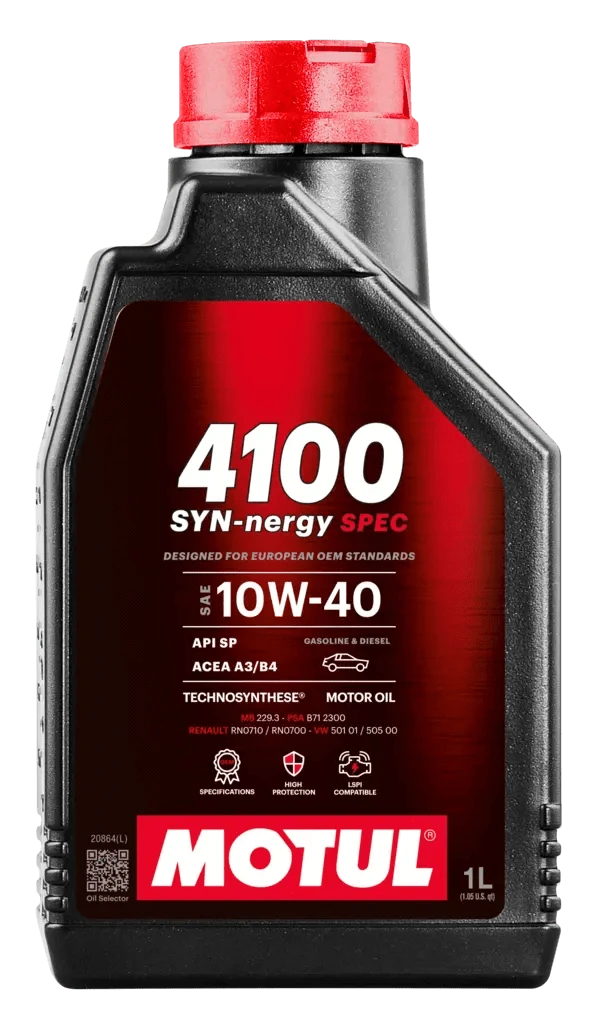 Motul 4100 Syn-Nergy Spec 10W-40 1L Engine 112890 oil bottle, high-performance synthetic motor oil designed for fuel efficiency and engine protection.