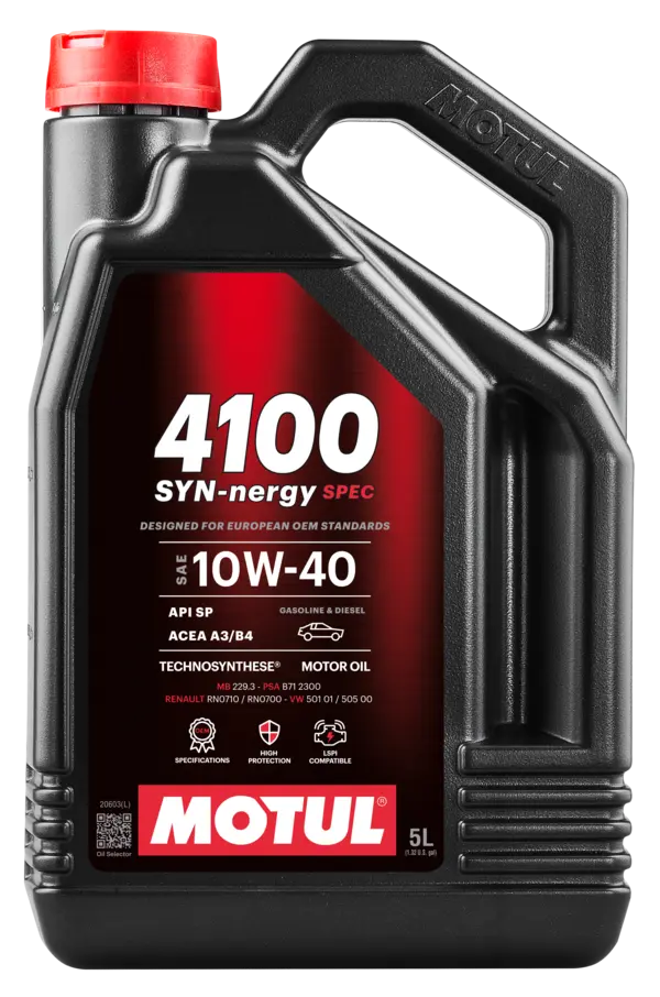 Motul 4100 Syn-Nergy Spec 10W-40 5L Engine 112892 oil bottle, high-performance synthetic motor oil designed for fuel efficiency and engine protection.