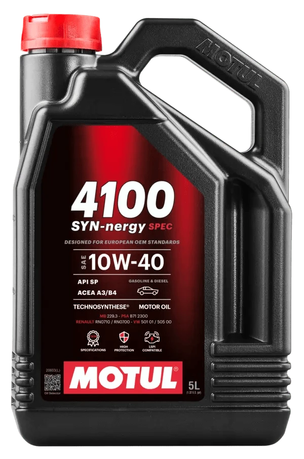 Motul 4100 Syn-Nergy Spec 10W-40 5L Engine 112892 oil bottle, high-performance synthetic motor oil designed for fuel efficiency and engine protection.
