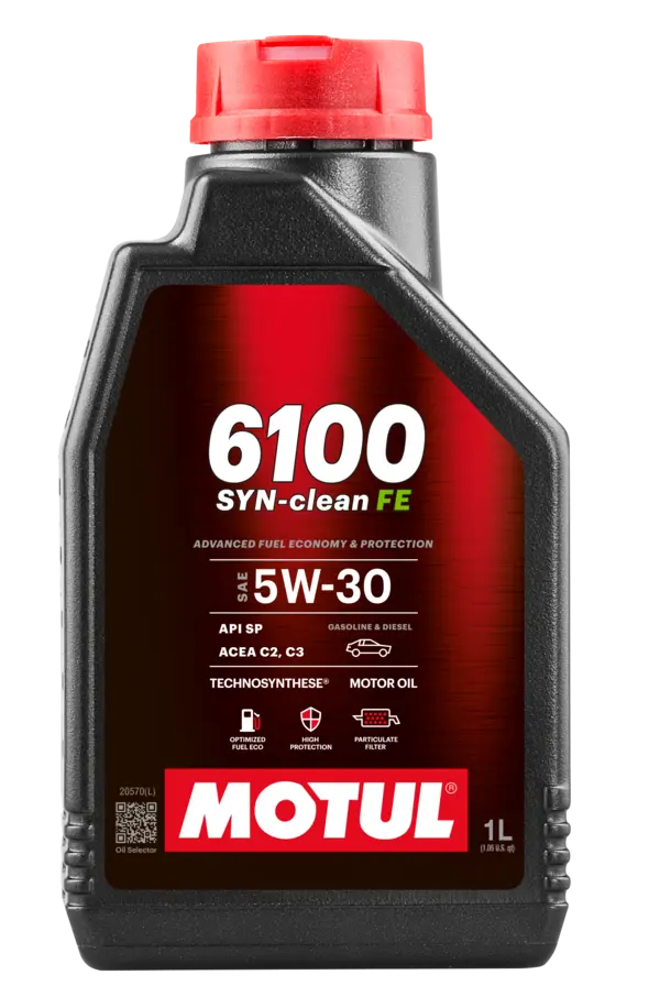 Motul 6100 Syn-Clean Fe 5W-30 1L Engine 112920 oil bottle, high-performance synthetic motor oil designed for fuel efficiency and engine protection.