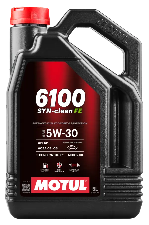 Motul 6100 Syn-Clean Fe 5W-30 5L Engine 112921 oil bottle, high-performance synthetic motor oil designed for fuel efficiency and engine protection.