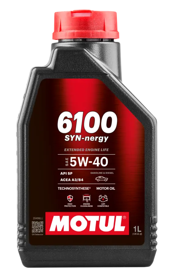 Motul 6100 Syn-Nergy 5W40 1L Engine 112961 oil bottle, high-performance synthetic motor oil designed for fuel efficiency and engine protection.