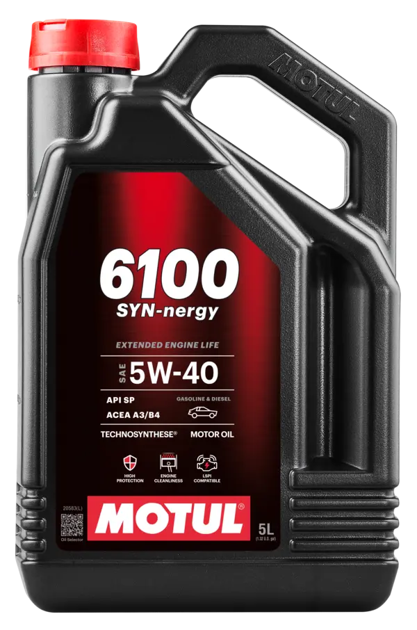 Motul 6100 Syn-Nergy 5W40 5L Engine 112963 oil bottle, high-performance synthetic motor oil designed for fuel efficiency and engine protection.