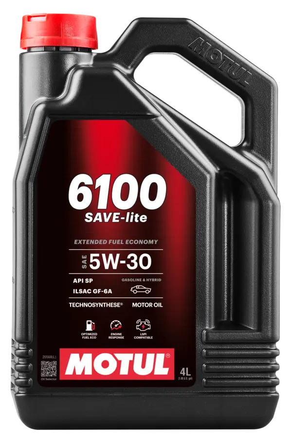 Motul 6100 Save-Lite 5W-30 4L Engine 112998 oil bottle, high-performance synthetic motor oil designed for fuel efficiency and engine protection.