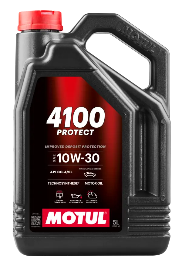 Motul 4100 Protect 10W30 5L Engine 113142 oil bottle, high-performance synthetic motor oil designed for fuel efficiency and engine protection.