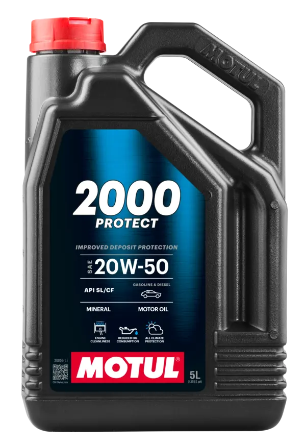 Motul 2000 Protect 20W50 5L Engine 113167 oil bottle, high-performance synthetic motor oil designed for fuel efficiency and engine protection.