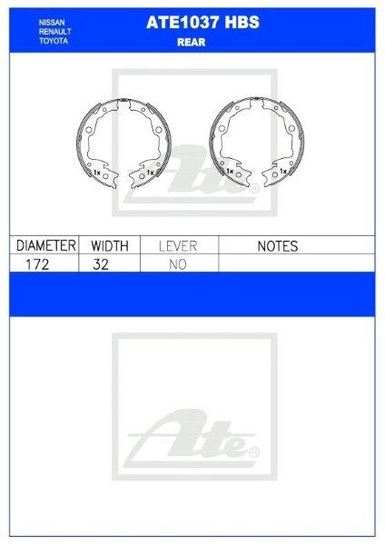 ATE1037HBS Rear Brake Shoes for Nissan, Renault, Toyota – 172mm x 32mm