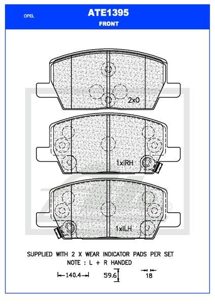 ATE1395 Front Brake Pads for Opel Mokka X 2013-2020 with Acoustic Wear Indicators and Shim