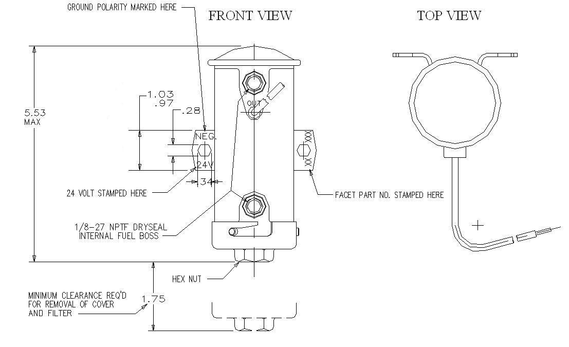 Facet 476088E 24V Gold-Flo Fuel Pump Wiring and Mounting Diagram – Cylindrical Solid-State Configuration








Ask ChatGPT
