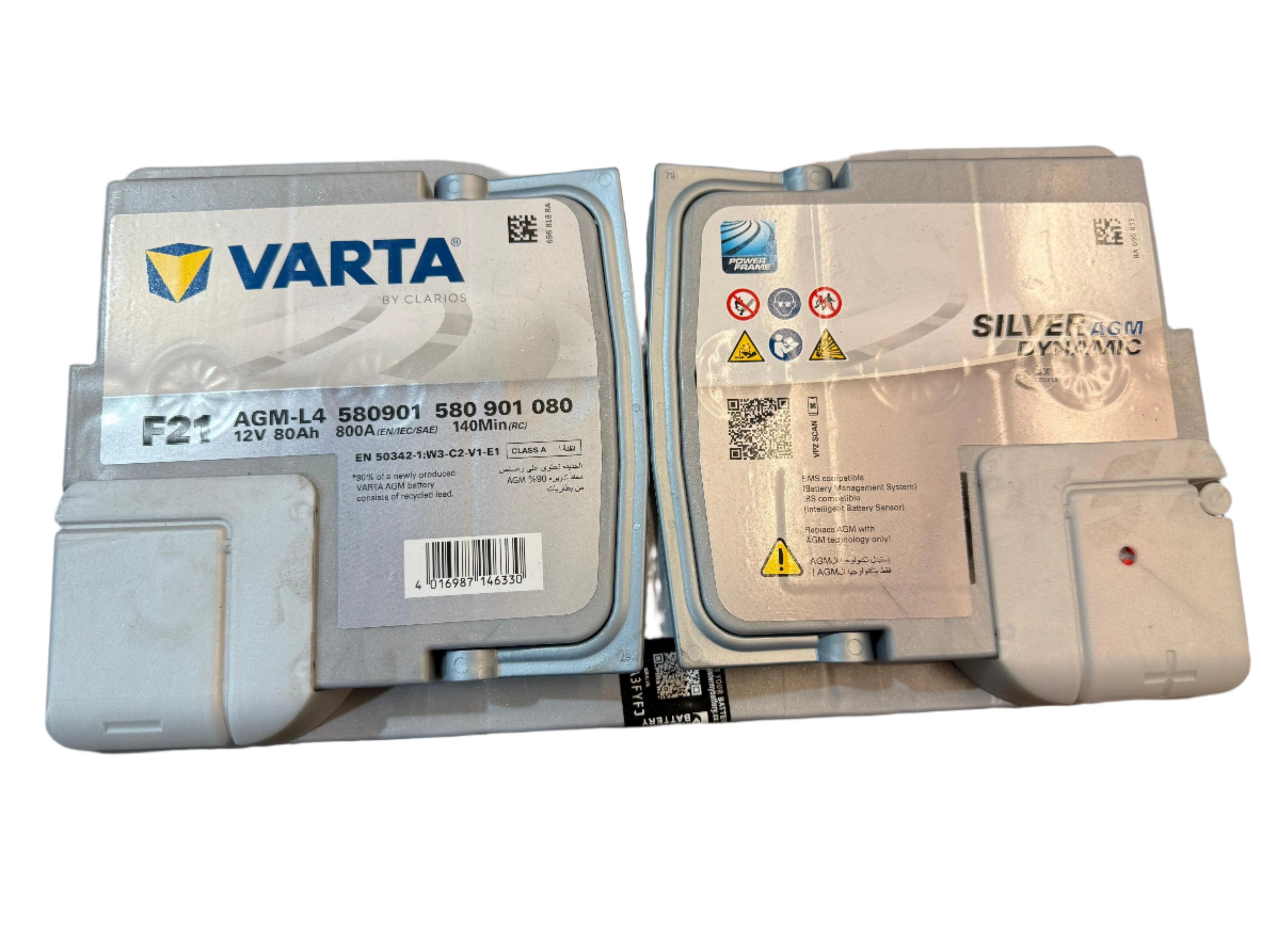 Top view of VARTA 668 AGM battery showing terminal layout, flat AGM casing, and PowerFrame® grid labeling


