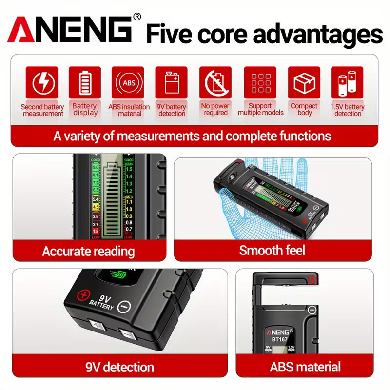 Battery Level Tester angled view ANENG BT167 - HA493357
