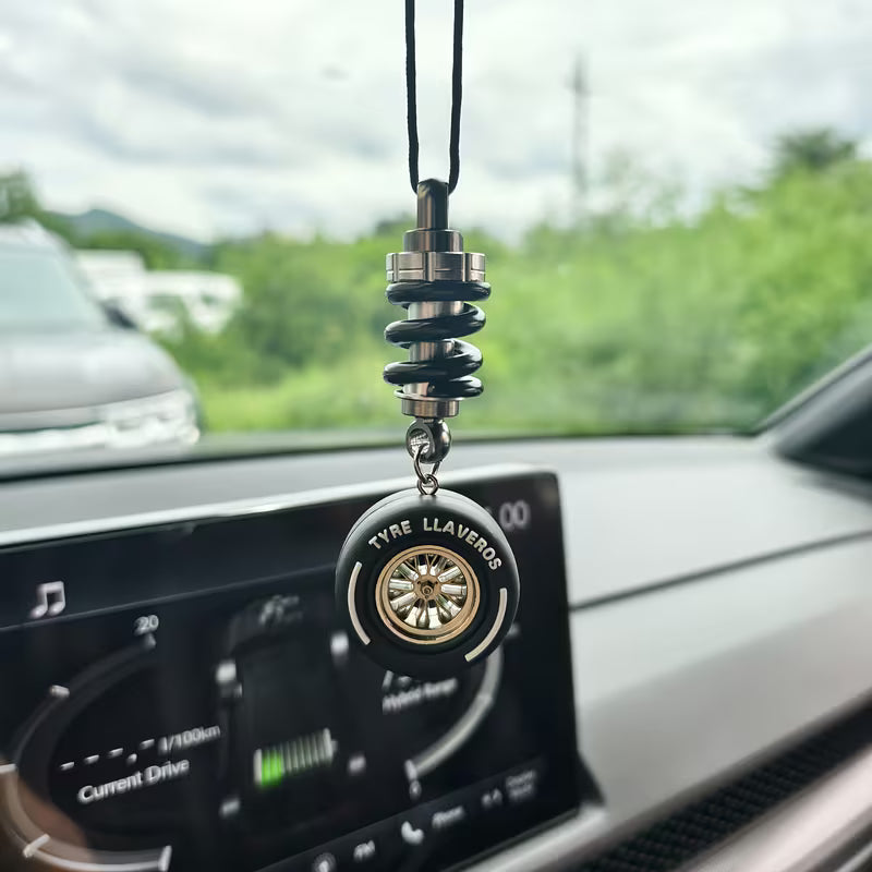 Car Rearview Mirror Charm Real Metal Shock Hub Rubber Tyre Black South Africa RVMSHKWHL-BLK01
