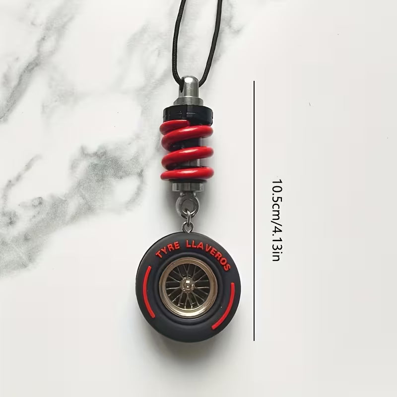 Car Rearview Mirror Charm Real Metal Shock Hub Rubber Tyre Red South Africa RVMSHKWHL-RED01-1