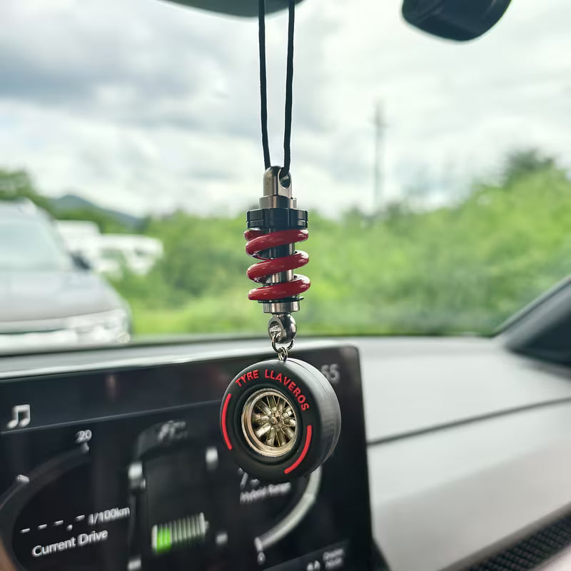 Car Rearview Mirror Charm Real Metal Shock Hub Rubber Tyre Red South Africa RVMSHKWHL-RED01