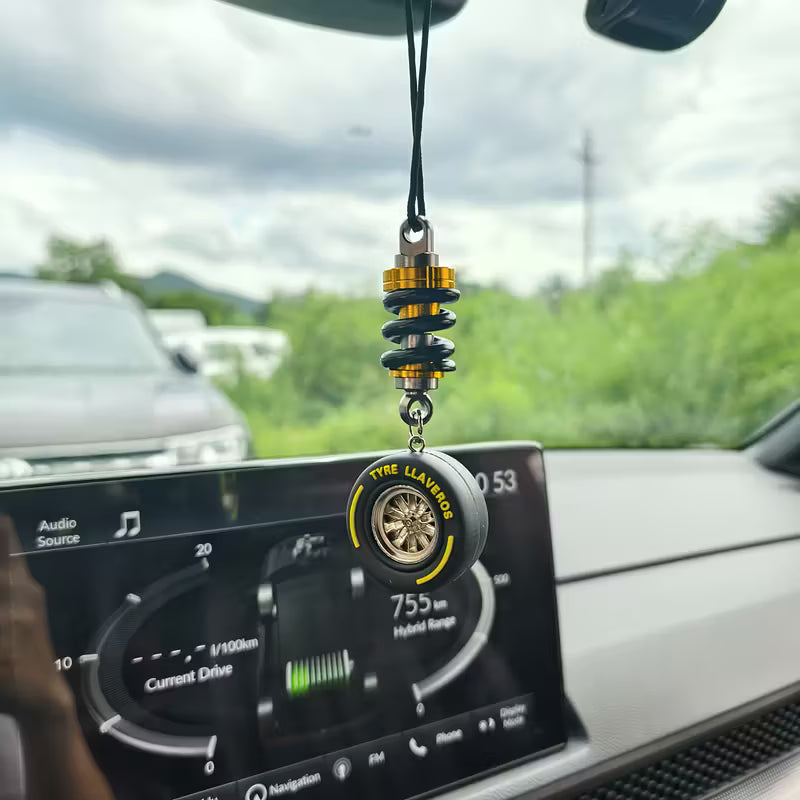 Car Rearview Mirror Charm Real Metal Shock Hub Rubber Tyre Yellow South Africa RVMSHKWHL-YEL01