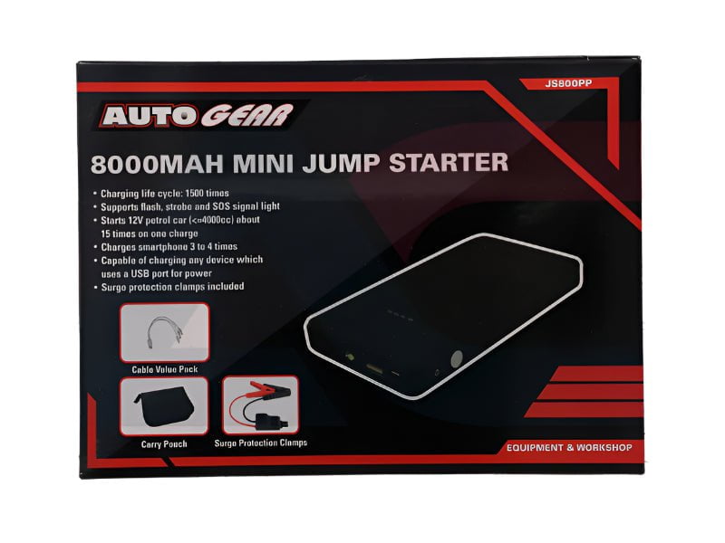 Retail box of 8000mAh lithium jump starter and power bank for 12V petrol cars in South Africa

