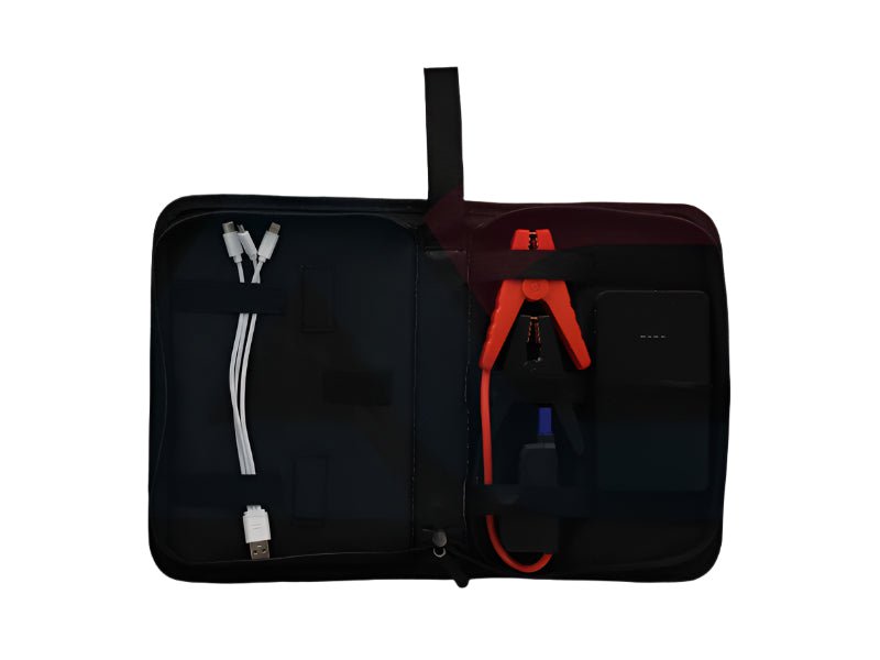 Close-up of 8000mAh jump starter – contents, LED indicators, and power button

