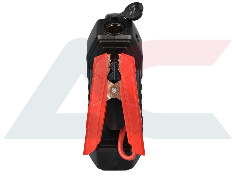 Digital screen showing battery level and voltage settings on the jump starter