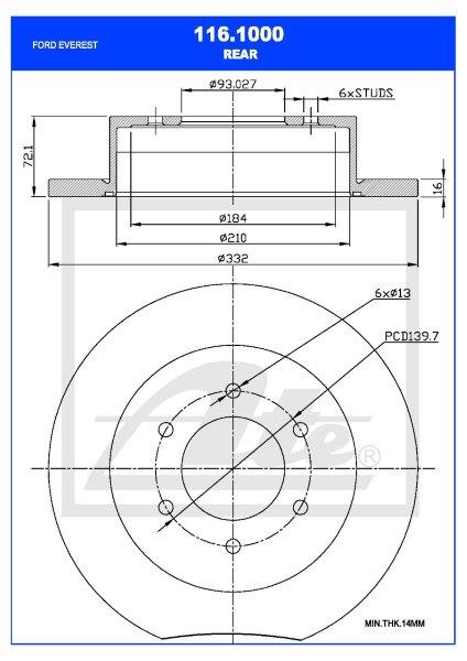 Brake Disc Rear Ford Everest 2.0Tdci,3.2Tdci (Ymwq,T22Dd0P,P5-At) Single (Ate 116-1000)