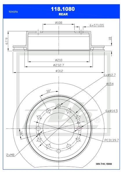 Brake Disc Vented Rear Toyota Fortuner 2Tr,1Gr,2Gd,1Gd/Fj Cruiser 4.0 1Gr-Fe/Prado Single (Ate 118-1080)