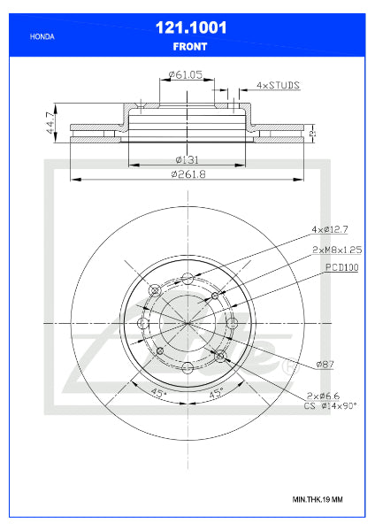 Brake Disc Vented Front Honda Ballade 2012-On 1.5Ivtec Single (Ate 121-1001)