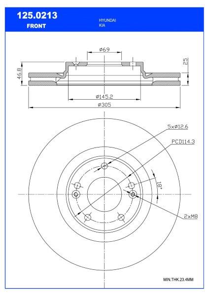 Brake Disc Front Hyundai Elantra,Kona,Tucson/Kona G4Fj,G4Nh,G3Lc Single (Ate 125-0213)