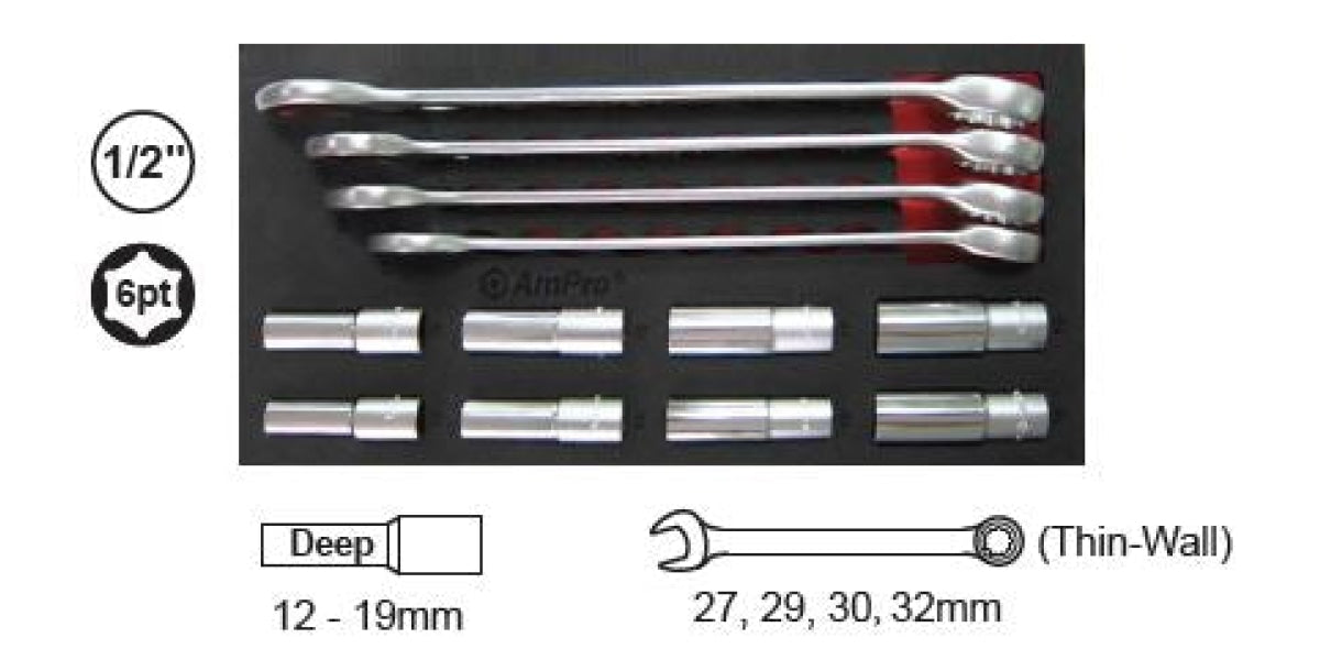 12Pc 1/2 Dr Deep Socket & Comb Wrench Set Ft Ampro T45521 Tools