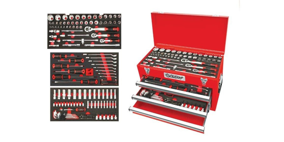 166Pc 1/43/81/2 D R 3-Drawer Bolt-Fit Set AMPRO T52722 tools at Modern Auto Parts!