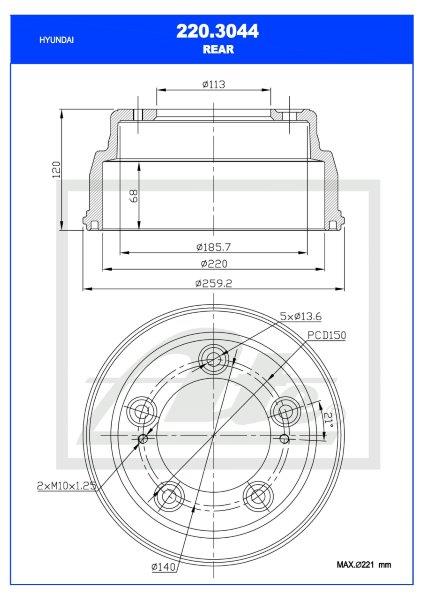 Brake Drum Rear Hyundai H1/H100 2.5Crdi Single (Ate 220-3044)