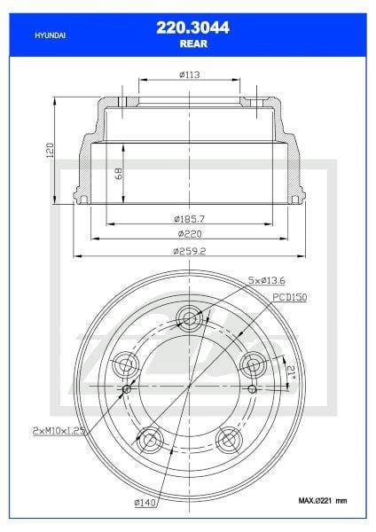 Remtrommel Agter Hyundai H1/H100 2.5Crdi Enkel (Ate 220-3044)